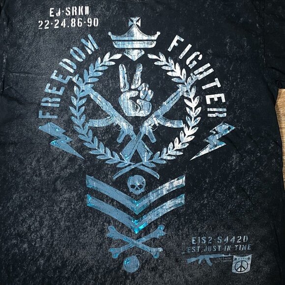 Xzavier Shirt Men Large Black Short Sleeve Shiny Print Goth Y2K Skull Gun Peace - Picture 4 of 4